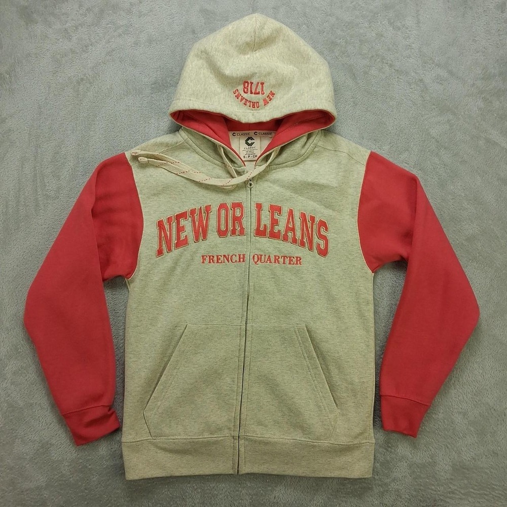 Classic New Orleans French Quarter Mens Small Full Zip Hoodie Tan Red Logo